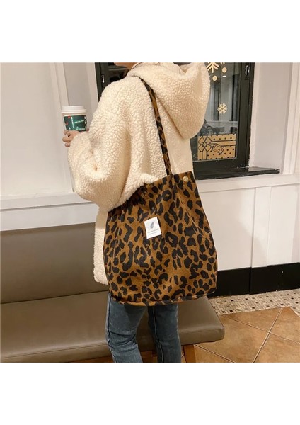 Leopar Tarzı 43X36CM Yeni Retro Kadın Omuz Çantası Basit Düz Renk Küçük Taze Kanvas Çanta Edebi Kadın Toka Tote Çanta Büyük Kapasiteli Çanta (Yurt Dışından)