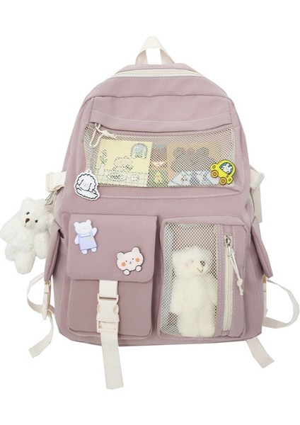 Pembe Stil Kolye ile Julyccıno Yeni Toka Rozeti Kadın Sırt Çantası Şeker Renk Moda Sevimli Schoolbag Omuz Öğrenci Çantası Genç Kız Kolej Sırt Çantası (Yurt Dışından)