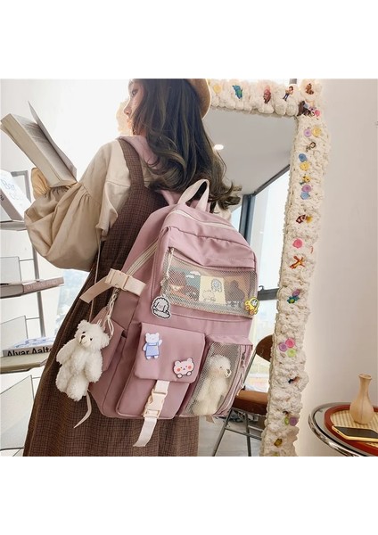 Pembe Stil Kolye ile Julyccıno Yeni Toka Rozeti Kadın Sırt Çantası Şeker Renk Moda Sevimli Schoolbag Omuz Öğrenci Çantası Genç Kız Kolej Sırt Çantası (Yurt Dışından) fırsatları