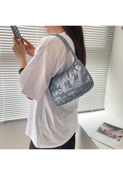 Gri Stil Rahat Naylon Kadın Günlük Küçük Çanta Vintage Mektuplar Baskı Bayanlar Omuz Koltukaltı Çantaları Tote Kadın Basit Omuz Çantaları (Yurt Dışından) modelleri