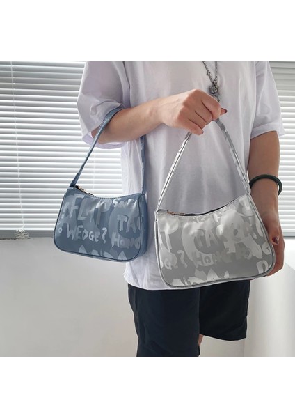 Gri Stil Rahat Naylon Kadın Günlük Küçük Çanta Vintage Mektuplar Baskı Bayanlar Omuz Koltukaltı Çantaları Tote Kadın Basit Omuz Çantaları (Yurt Dışından) fırsatları