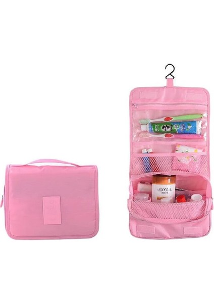 Pembe Tarzı Naylon Seyahat Seti Makyaj Çantası Kadınlar Için Yüksek Kapasiteli Kozmetik Çanta Banyo Tuvalet Çantası Makyaj Organizatör Kılıfı Asılı Neceser (Yurt Dışından)