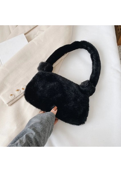 Siyah Bir Stil 25X14X3CM Ins Kadınlar Çiçek Baskı Kalıpçı Çanta Yeni Kış Sıcak Yumuşak Peluş Koltukaltı Çanta Leopar Zebra Inek Baskı Kabarık Bez Çantalar (Yurt Dışından)