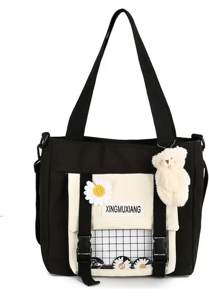 Siyah Stil Kadın Omuz Çantası Rahat Tote Büyük Kapasiteli Crossbody Alışveriş Çantası Genç Kızlar Için Sevimli Bookbag Messenger Okul Çantaları (Yurt Dışından)