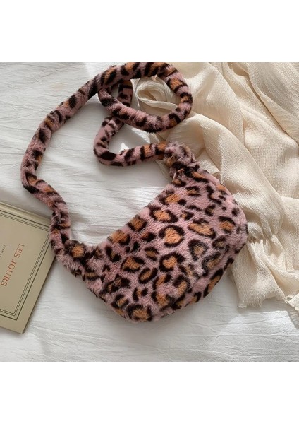 Pembe Tarzı Leopar Baskılı Crossbody Çanta Womeoft Peluş Omuz Çantaları Kış Kabarık Çanta Kadın Yumuşak Sıcak Kürk Koltukaltı Çantaları (Yurt Dışından)