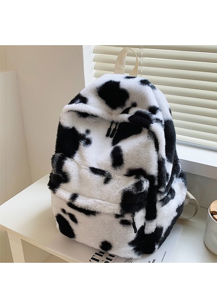 Inek Desen Stili Retro Inek Leopar Baskı Kadın Sırt Çantaları Sonbahar Kış Yumuşak Pluool Çanta Kadın Rahat Büyük Kapasiteli Seyahat Sırt Çantaları (Yurt Dışından)