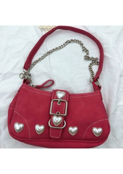 Kırmızı Stil 23X12X5CM Xiuya Harajuku Vintage Kadın Omuz Çantası Gül Kırmızı Kalp Japon Goth Lolita Çanta Kadın Çanta Cep Telefonu Kılıfı Çanta (Yurt Dışından)