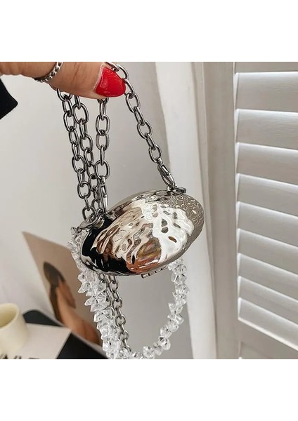 Gümüş Tarzı Lüks Mini Kadın Metal Kabuk Çanta Crossbody Çanta Kadın Boncuklu Zincir Çanta Parti Ruj Tuşları Bolsa Akşam Göğüs Bel Paketi (Yurt Dışından)
