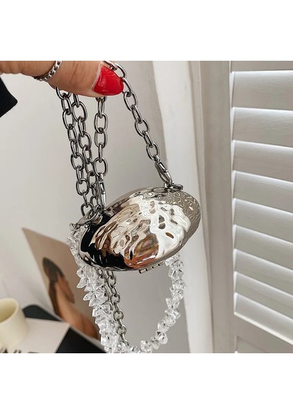 Gümüş Tarzı Lüks Mini Kadın Metal Kabuk Çanta Crossbody Çanta Kadın Boncuklu Zincir Çanta Parti Ruj Tuşları Bolsa Akşam Göğüs Bel Paketi (Yurt Dışından) fiyatları