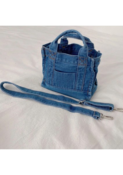 Açık Mavi Denim Stili Denim Kumaş Kadın Küçük Omuz Çantası Kız Açık Mavi Kanvas Kumaş Çanta Küçük Rahat Tote Ayrılabilir Askı Bayan Fermuar Çanta (Yurt Dışından) modelleri