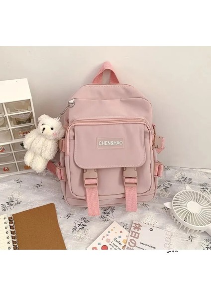 Pembe Ayı Rozetleri Stili 27X23X9CM Kadınlar Için Kore Tarzı Küçük Mini Sırt Çantası Okul Küçük Çanta Mochila Çok Cep Kız Yüzük Toka Taşınabilir Ayı Kadın Sırt Çantası (Yurt Dışından)