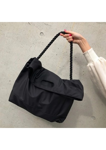 Hey Se Tarzı Kadın Omuz Çantası Naylon Bez Çantalar Kız Moda Manyetik Toka ile Büyük Kapasiteli Alışveriş Çantası Siyah Büküm Kolu Çanta (Yurt Dışından)