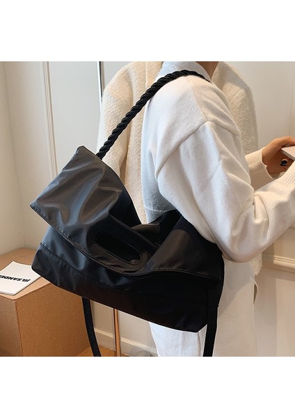 Hey Se Tarzı Kadın Omuz Çantası Naylon Bez Çantalar Kız Moda Manyetik Toka ile Büyük Kapasiteli Alışveriş Çantası Siyah Büküm Kolu Çanta (Yurt Dışından) modelleri