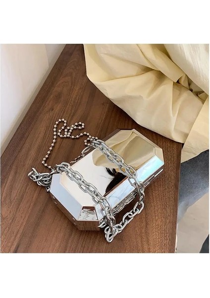 Gümüş Tarzı Lüks Gümüş Metal Kutu Çanta Bayanlar Parti Debriyaj Çanta Akşam Çanta Zincir Çanta Crossbody Mini Çanta Kadın Omuz Çantası Çanta Flap (Yurt Dışından)
