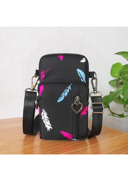 Küçük Siyah Tüy Stili Kadın Dikey Mini Çanta Omuz Askısı Messenger Göğüs Çanta Cüzdan Işlevli Cep Telefonu Çantası Bozuk Para Cüzdanı Crossbody Çanta (Yurt Dışından)
