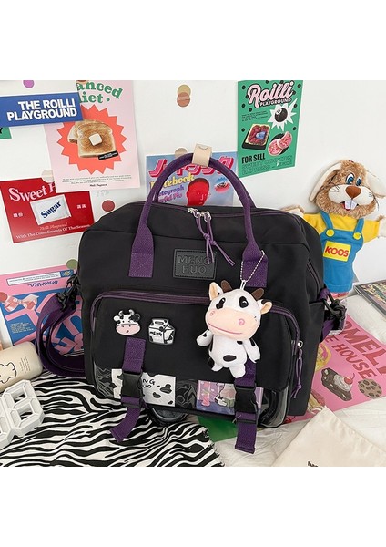 Siyah Stil Sadece-Çanta Kadınlar Sevimli Inek Sırt Çantası Kadın Öğrenci Koleji Schoolbag Kız Rozeti Çok Fonksiyonlu Sırt Çantaları Kawaii Bayanlar Su Geçirmez Naylon Çanta (Yurt Dışından)