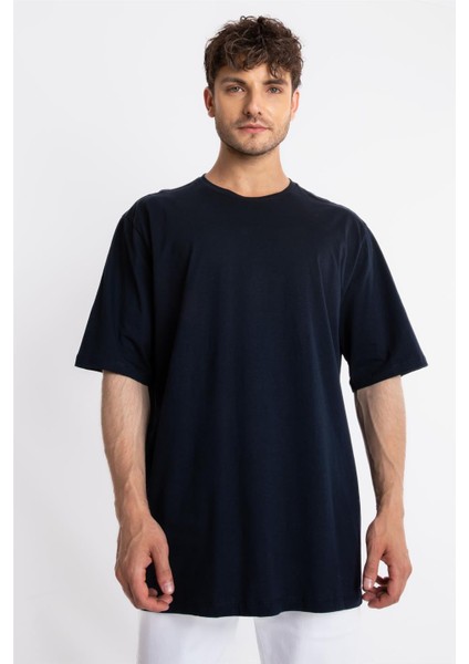 Oversize O-Yaka T-shirt Basuelto - Lacivert