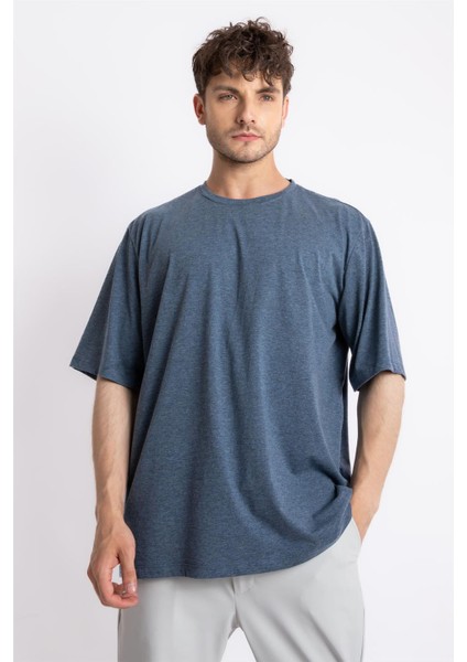 Oversize O-Yaka T-shirt Basuelto - Lacivert Melanj