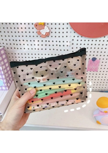 Yarım Daire Tarzı Moda Örgü Kozmetik Makyaj Çantaları Kılıf Tutucu Kılıfı Taşımak Için Uygun Şeffaf Fermuar Siyah Kalp Baskılı Kalem Kalem Kutusu (Yurt Dışından) modelleri