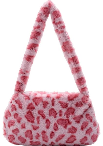 Pembe Leopar Stili Fashion Women's Bag Trend Baguette Bag Plush Animal Print Shopper Purses Female Autumn Handbag Shoulder Underarm Bag (Yurt Dışından)