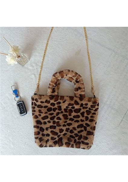Leopar Tarzı 29X6X33CM Sevimli Gülen Yüz Kadın Peluş Omuz Çantası Yumuşak Faux Kürk Bayan Zincir Messenger Çanta Moda Kadın Küçük Çanta Çanta Bolsas (Yurt Dışından)