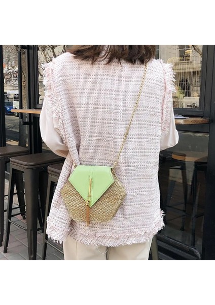 Siyah Stil 19X12X6CM Sıcak Altıgen Yeni Mulit Tarzı Hasır + Pu Zincir Postacı Çantaları Kadın Yaz Rattan El Yapımı Dokuma Plaj Boho Çantaları Bolso Feminina (Yurt Dışından) fırsatları