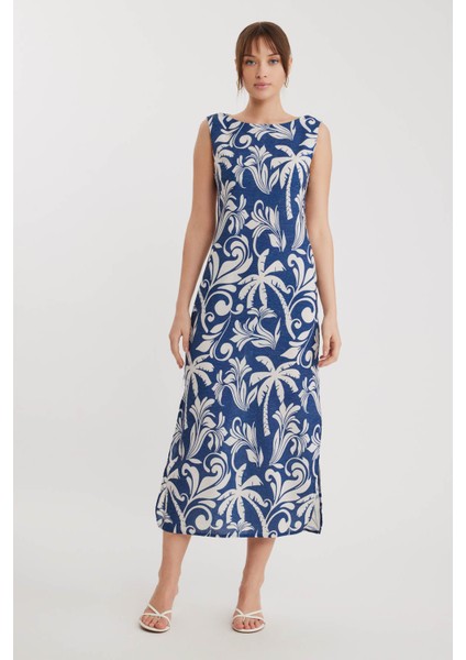 Palmiye Desen Yanı Yırtmaçlı Uzun Elbise