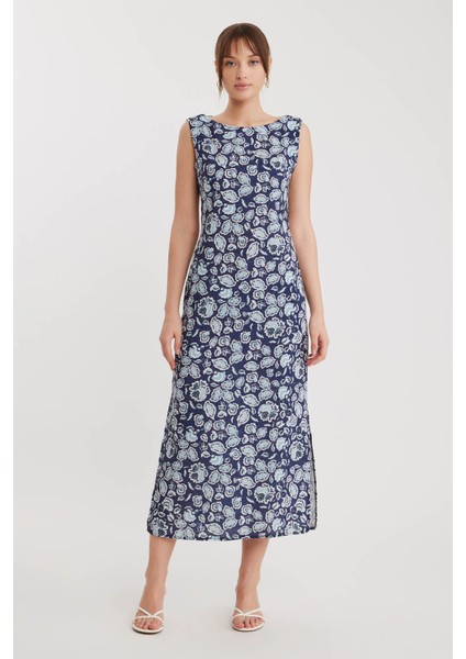 Çiçek Desen Yanı Yırtmaçlı Uzun Elbise