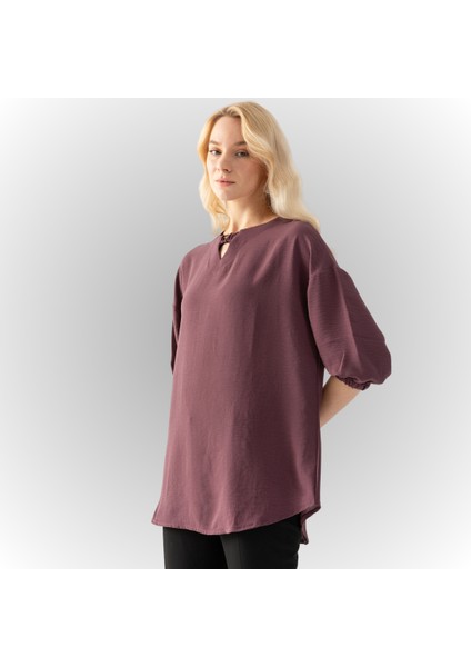 Kadın Gül Kurusu Yakası Düğme Detaylı Kolları Büzgülü Yarım Kol Salaş Kesim Aerobin Tunik modelleri