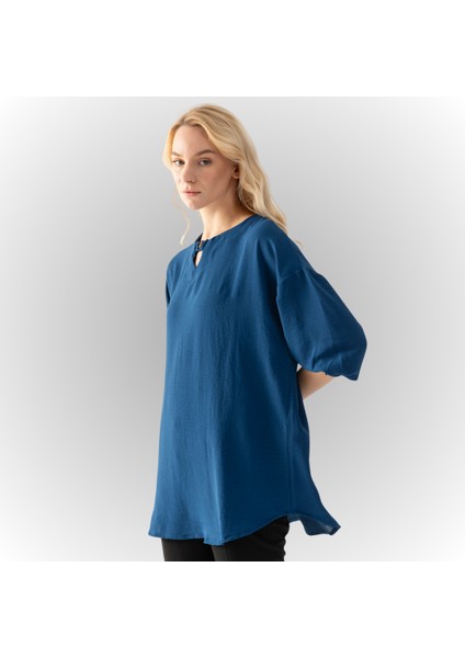 Kadın Petrol Yeşil Yakası Düğme Detaylı Kolları Büzgülü Yarım Kol Salaş Kesim Aerobin Tunik modelleri