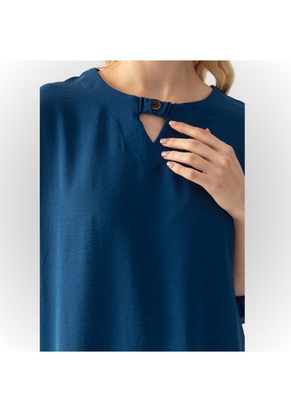 Kadın Petrol Yeşil Yakası Düğme Detaylı Kolları Büzgülü Yarım Kol Salaş Kesim Aerobin Tunik fırsatları