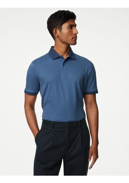Saf Pamuklu Desenli Polo Yaka T-Shirt