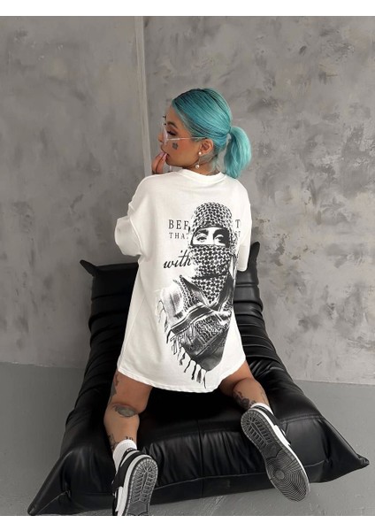 Unisex Baskılı Oversize T-Shirt - Beyaz