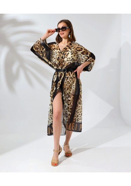 Kadın Rahat Kesim Kemerli Şifon Kimono - Leopar modelleri