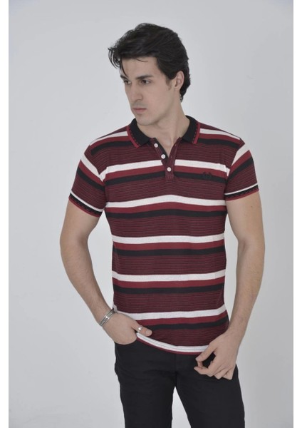 Erkek Yakalı Slim Fit Dokuma Çizgili T-Shirt - Bordo fiyatları