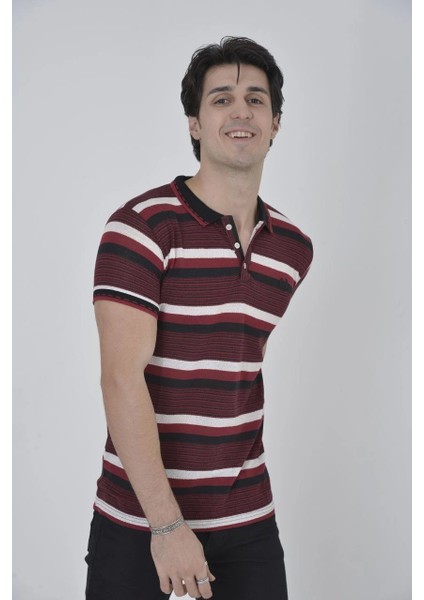 Erkek Yakalı Slim Fit Dokuma Çizgili T-Shirt - Bordo modelleri