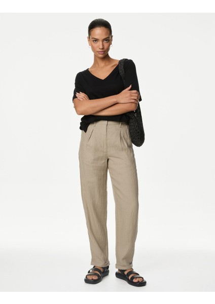 Marks & Spencer Tapered Fit Saf Keten Pantolon