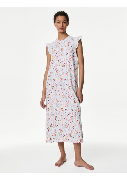 Saf Pamuklu Dantel Detaylı Gecelik