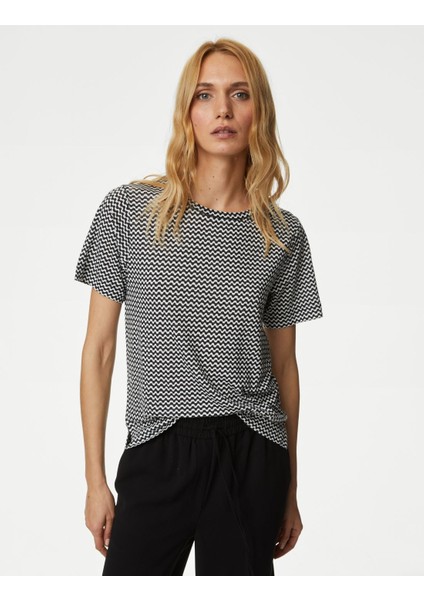 Kısa Kollu Desenli Keten T-Shirt