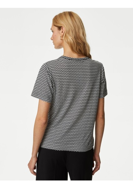 Kısa Kollu Desenli Keten T-Shirt