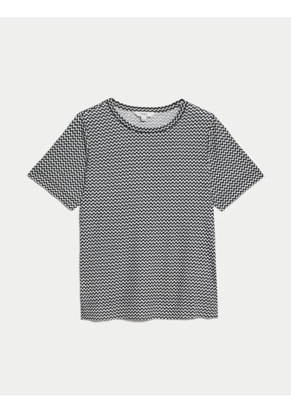 Kısa Kollu Desenli Keten T-Shirt