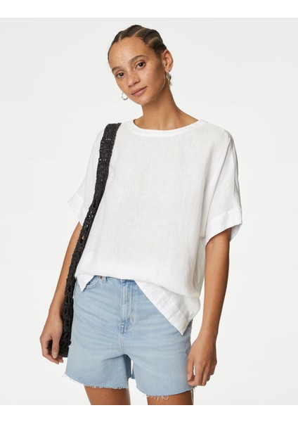Relaxed Fit Kısa Kollu Keten Bluz