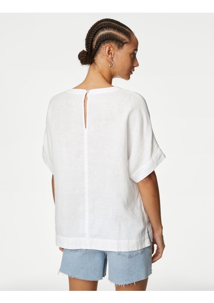 Relaxed Fit Kısa Kollu Keten Bluz