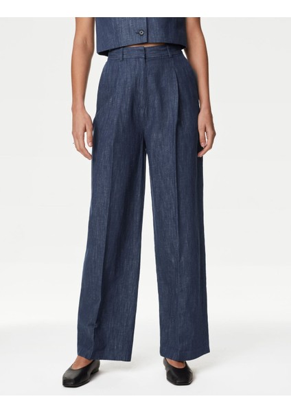 Yüksek Bel Wide Leg Keten Pantolon