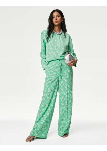 Çiçek Desenli Wide Leg Pantolon