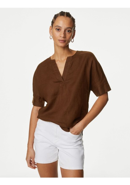 Marks & Spencer Kısa Kollu Keten Popover Bluz