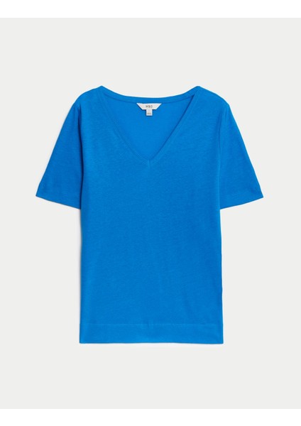 Marks & Spencer Kısa Kollu V Yaka Keten T-Shirt