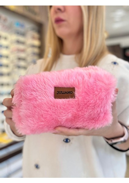 Pembe Teddy Peluş Makyaj ve Gözlük Çantası