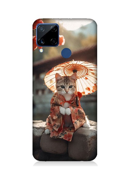 Realme C15 Uyumlu Geyşa Kıyafetli Kedi Desenli Silikon Kılıf