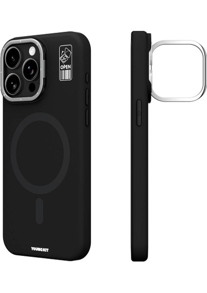 iPhone 14 Pro Max Kılıf Magsafe Özellikli Kamera Standlı Silikon Youngkit Bitty Cream Kapak Siyah